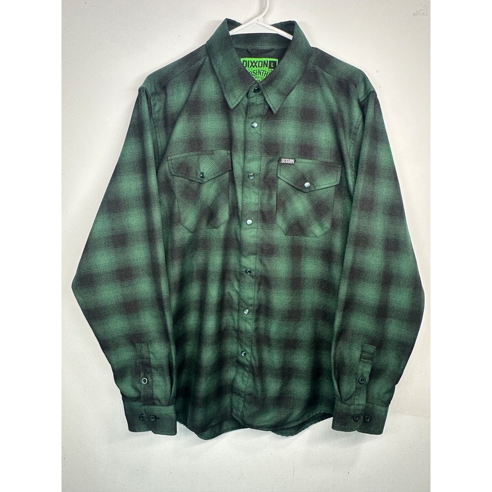 Dixxon Flannel Absinthe Plaid‎ Shirt Pear Snap Black Green Long Sleeve  - Large